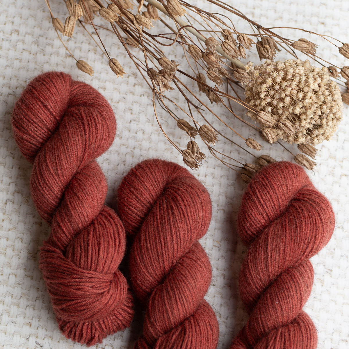 Three skeins of soft, terracotta-colored yarn with dried flowers on a textured white background.