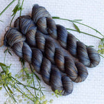 Four skeins of blue and brown variegated yarn on a white textured background with sprigs of green plants.