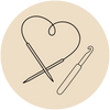 Knitting needle and crochet hook forming a heart shape on a beige background.