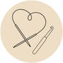 Knitting needle and crochet hook forming a heart shape on a beige background.