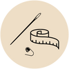 Sewing needle, measuring tape, and thimble icon on beige background representing tailoring tools.