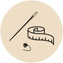 Sewing needle, measuring tape, and thimble icon on beige background representing tailoring tools.