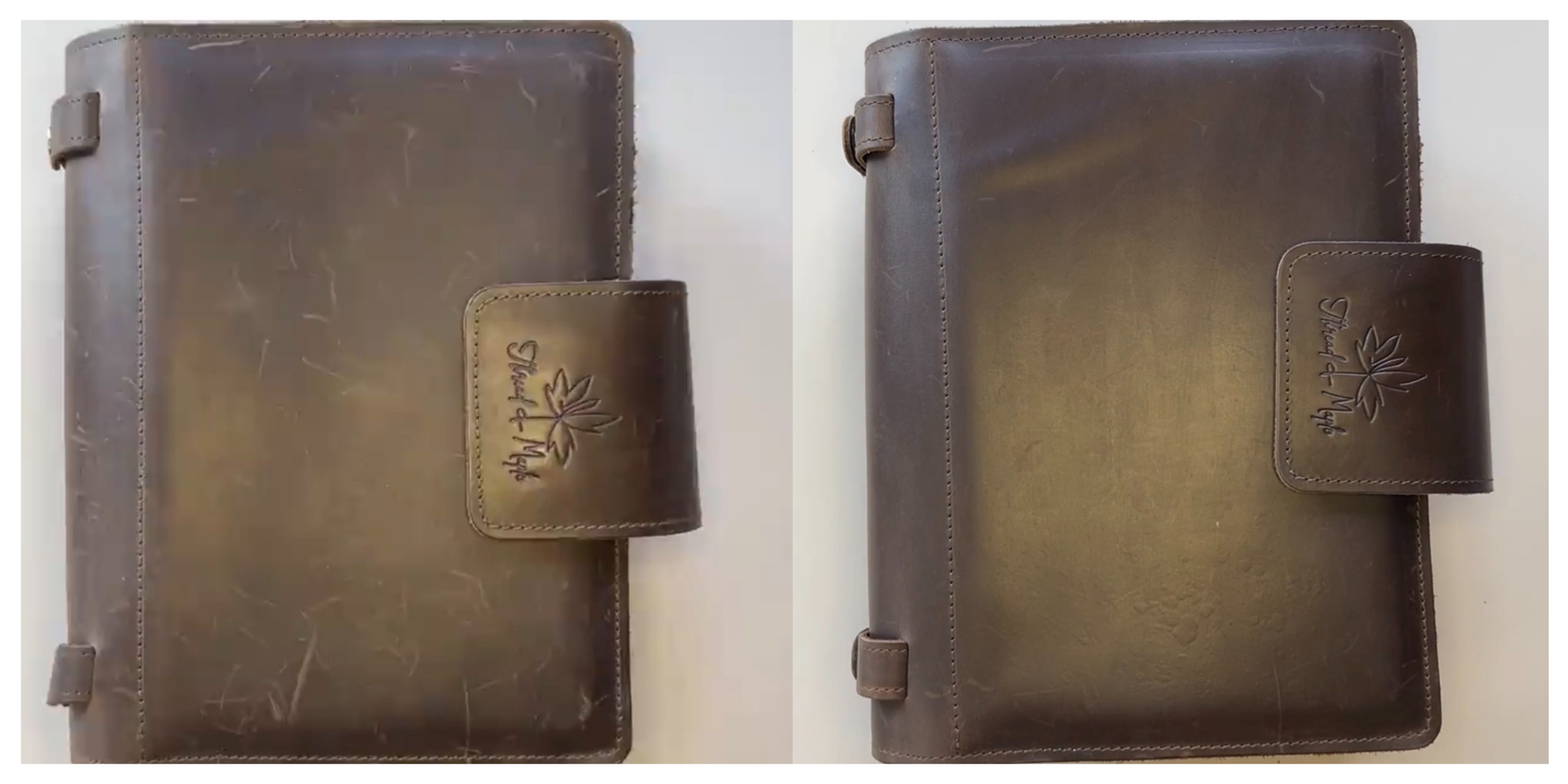 A well used leather binder on the left and a freshly cleaned leather binder on the right.