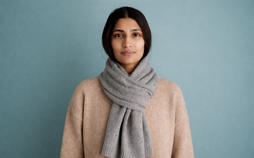 Woman in gray stockinette stitch knit scarf. 