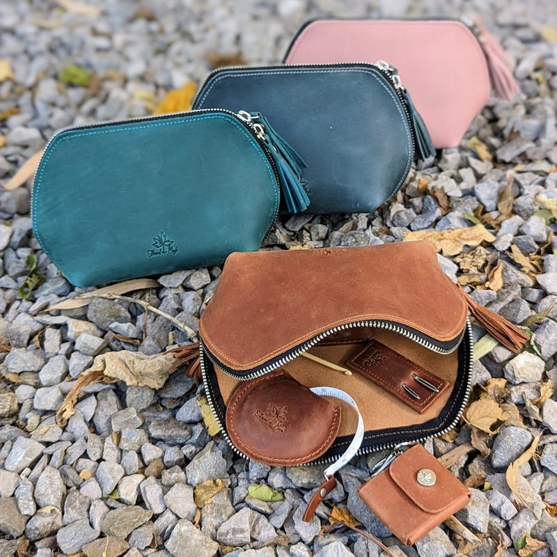 Leather zip knitting satchels for knitting tools and accessories - blue, turquoise, pink and brown leather