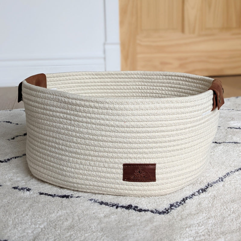 large cotton rope basket with leather handles