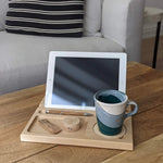 wood tablet holder with cup holder and ceramic handmade mug