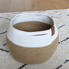 cotton and jute rope basket for knitting and yarn storage with leathre accent and handles