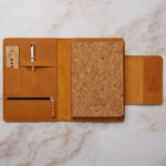 genuine leather folio camel color with cork notebook and pen