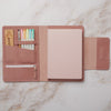 pink leather maker's folio with leuchtturm1917 A5 notebook for knitters with needle gauge ruler, highlighters and cork pen