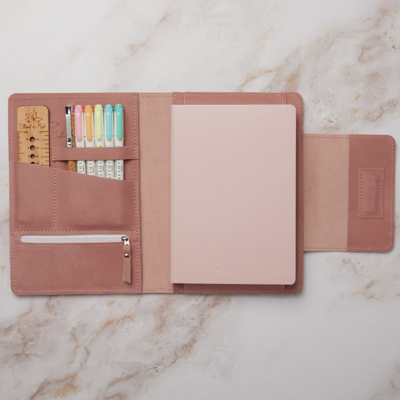 pink leather maker's folio with leuchtturm1917 A5 notebook for knitters with needle gauge ruler, highlighters and cork pen