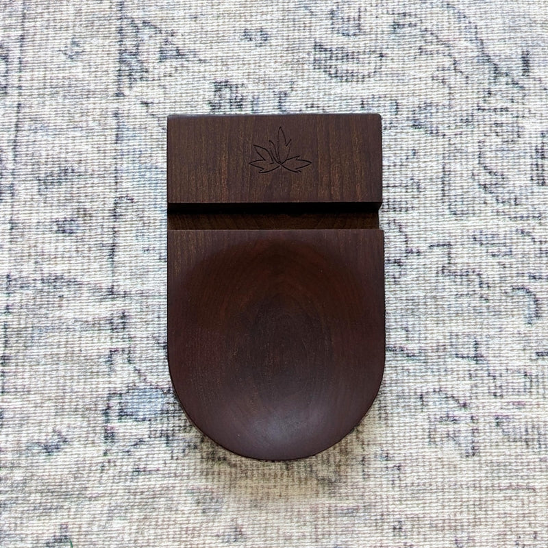 dark wood phone stand with tray