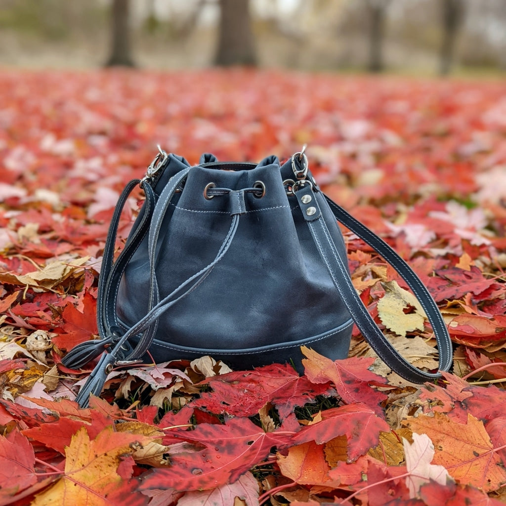 Blue Leather Drawstring Crossbody Small Bucket Bag