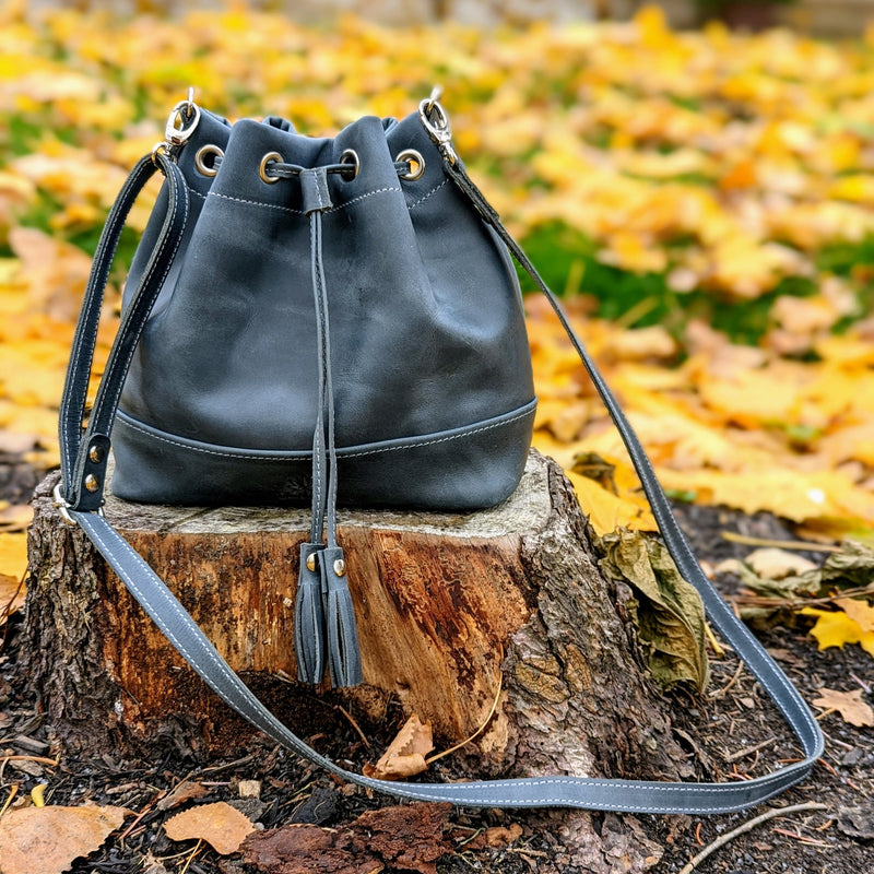 Grey Soft Leather Bucket Handbag Basket Bag with Inner Pouch