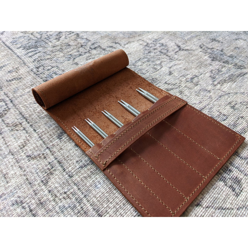 handmade leather knitting needle case for storing dpn and circular needles