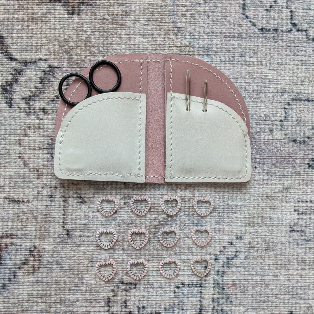 on the go compact mini knitting notions case with mini scissors, unique heart stitch markers, darning needles