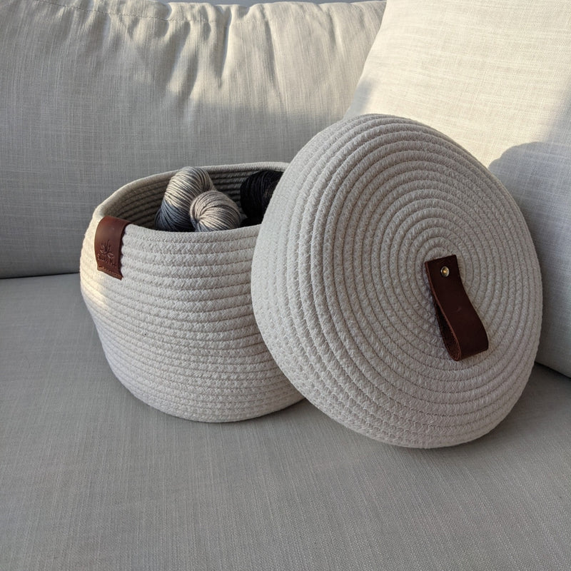 yarn cotton rope storage basket with leather handle